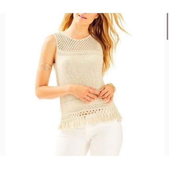 Lilly Pulitzer Metallic Knit Sweater Tank Top Tassels Fringe Shimmer Sz M - Picture 1 of 6